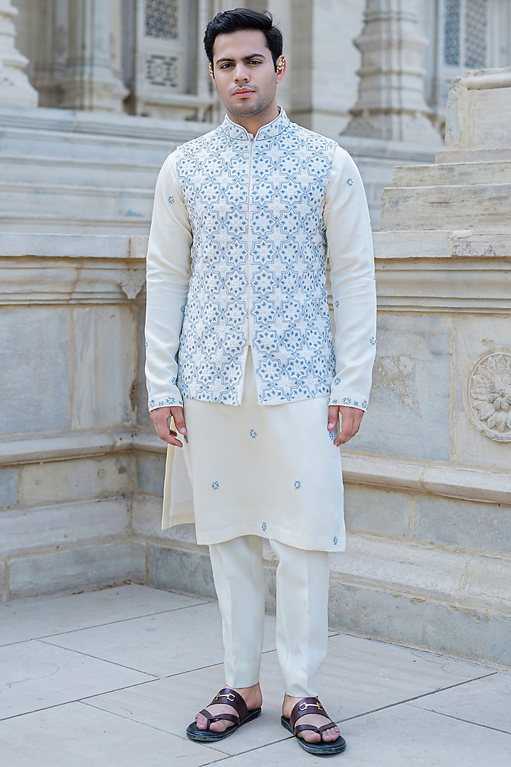 Powder Blue Dupion Silk Hand Embroidered Waistcoat Set by Shreyansh Designs