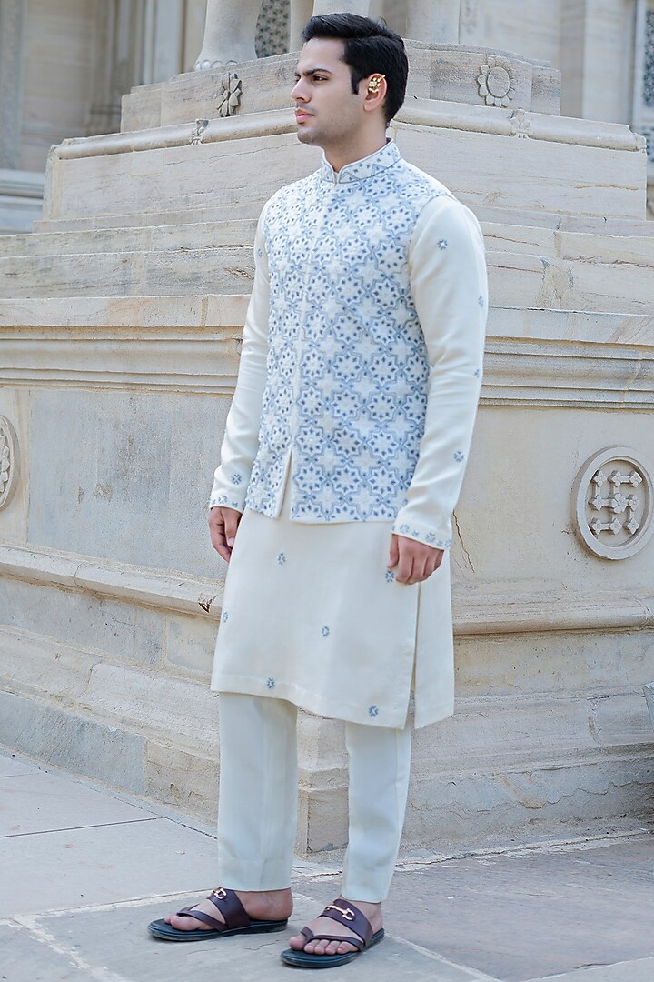 Powder Blue Dupion Silk Hand Embroidered Waistcoat Set by Shreyansh Designs at Pernia's Pop Up Shop
