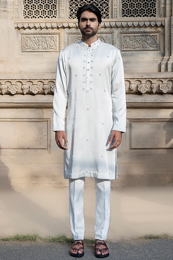 Powder Blue Swiss Silk Hand Embroidered Kurta Set by Shreyansh Designs