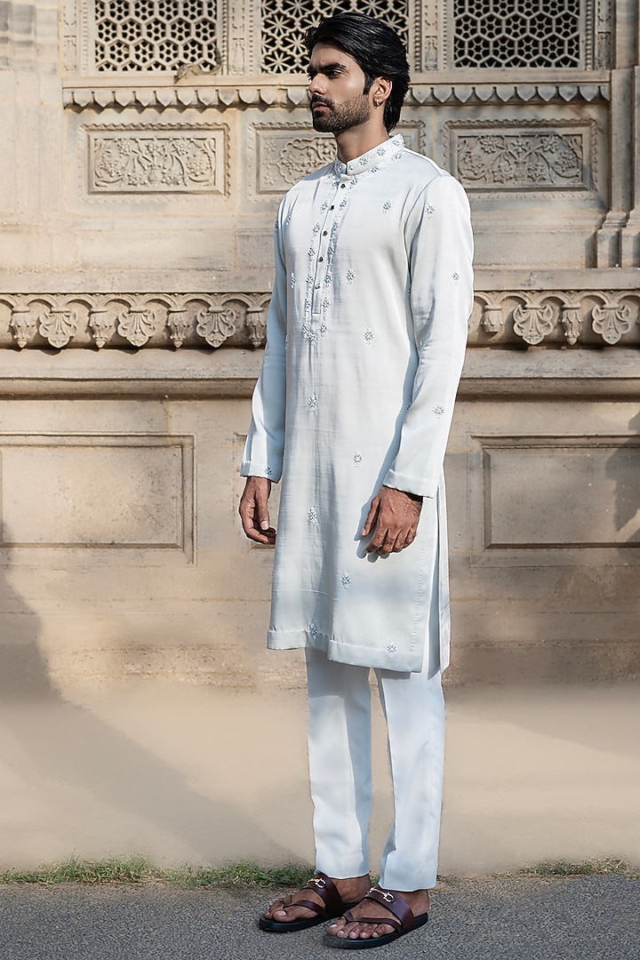 Powder Blue Swiss Silk Hand Embroidered Kurta Set by Shreyansh Designs at Pernia's Pop Up Shop