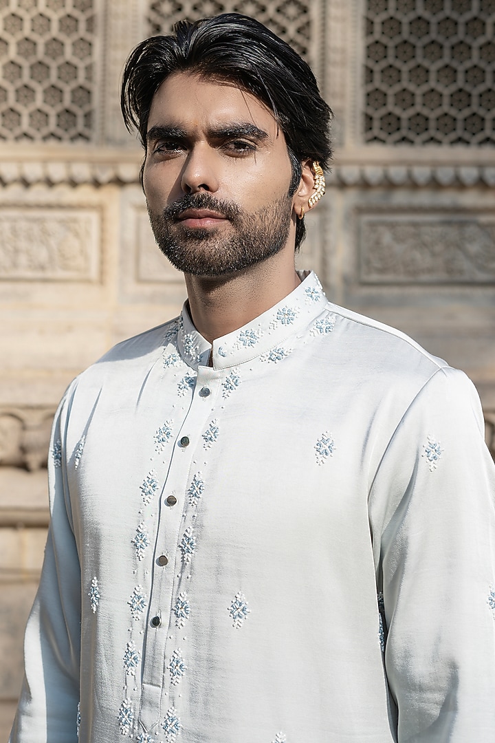 Powder Blue Swiss Silk Hand Embroidered Kurta Set by Shreyansh Designs at Pernia's Pop Up Shop