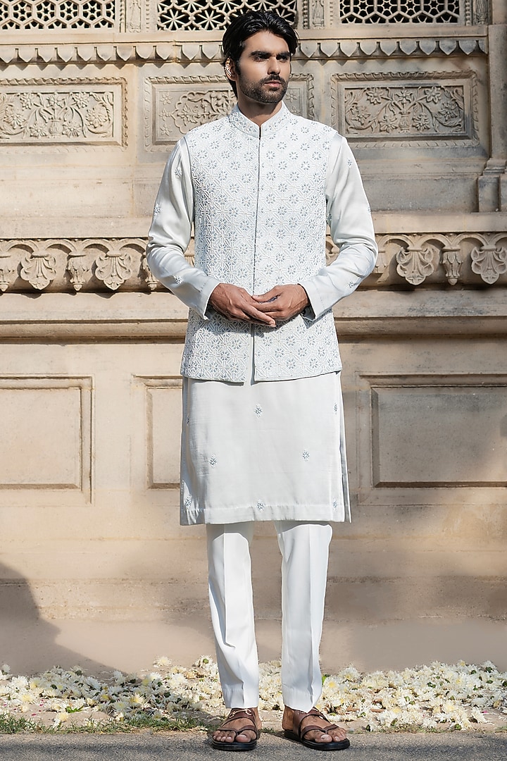 Powder Blue Dupion Silk Hand Embroidered Waistcoat Set by Shreyansh Designs