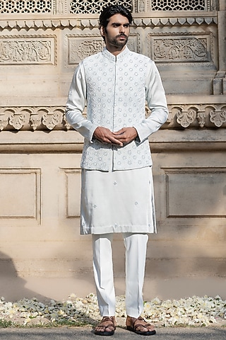 Powder Blue Dupion Silk Hand Embroidered Waistcoat Set by Shreyansh Designs