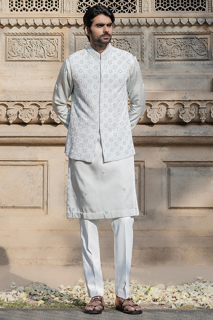 Powder Blue Dupion Silk Hand Embroidered Waistcoat Set by Shreyansh Designs at Pernia's Pop Up Shop