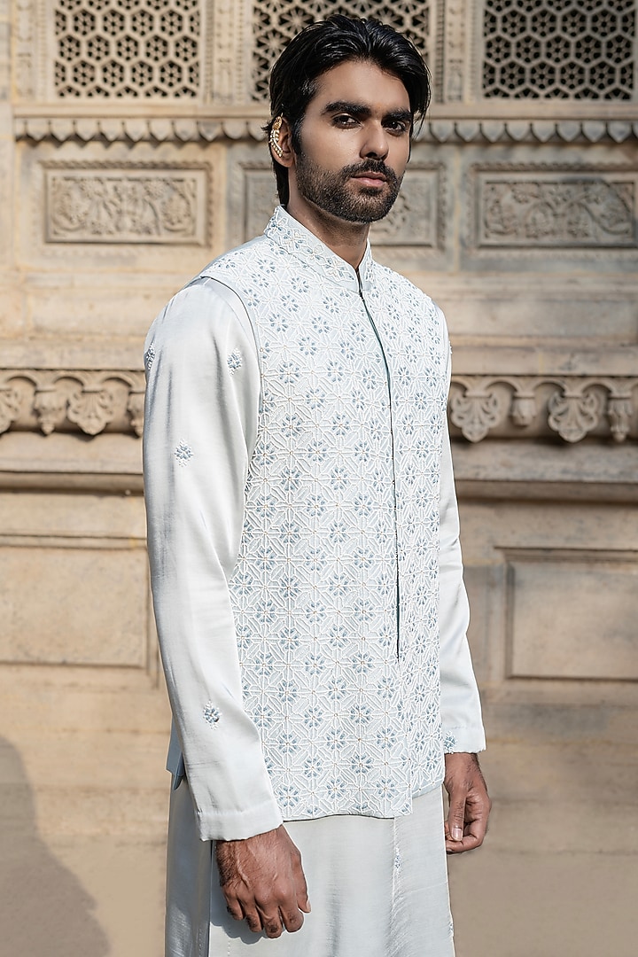 Powder Blue Dupion Silk Hand Embroidered Waistcoat Set by Shreyansh Designs at Pernia's Pop Up Shop
