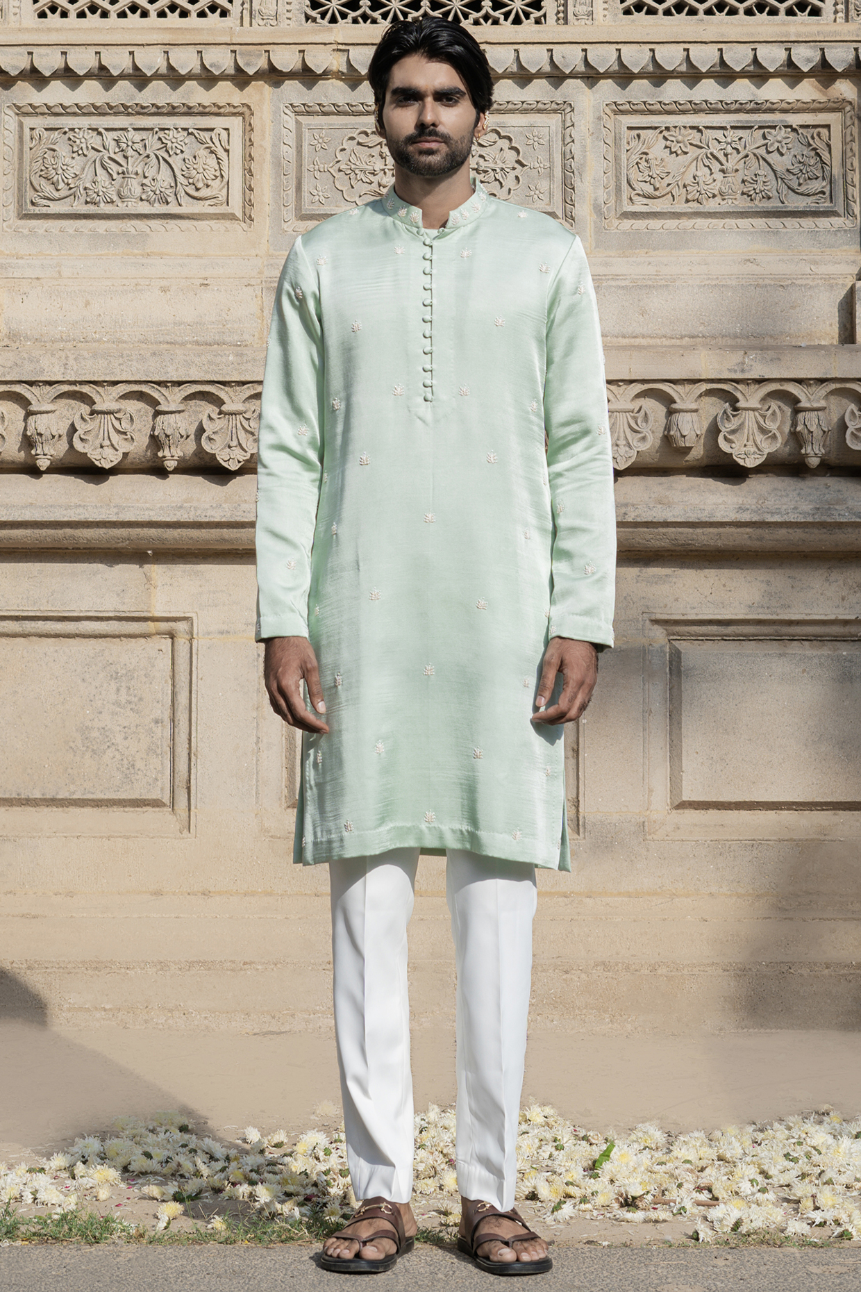 Pista Green Swiss Silk Hand Embroidered Kurta Set by Shreyansh Designs