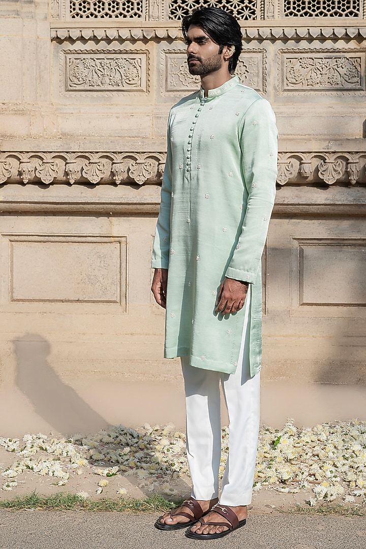 Pista Green Swiss Silk Hand Embroidered Kurta Set by Shreyansh Designs at Pernia's Pop Up Shop