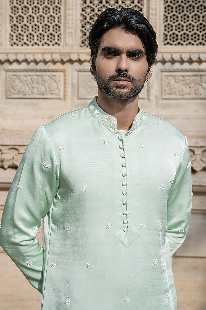 Pista Green Swiss Silk Hand Embroidered Kurta Set by Shreyansh Designs at Pernia's Pop Up Shop