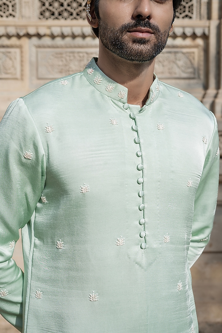 Pista Green Swiss Silk Hand Embroidered Kurta Set by Shreyansh Designs at Pernia's Pop Up Shop