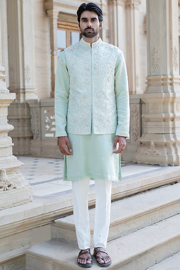 Pista Green Dupion Silk Hand Embroidered Waistcoat Set by Shreyansh Designs