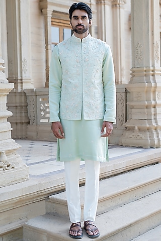 Pista Green Dupion Silk Hand Embroidered Waistcoat Set by Shreyansh Designs