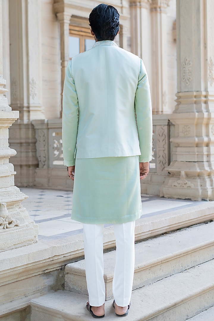 Pista Green Dupion Silk Hand Embroidered Waistcoat Set by Shreyansh Designs at Pernia's Pop Up Shop
