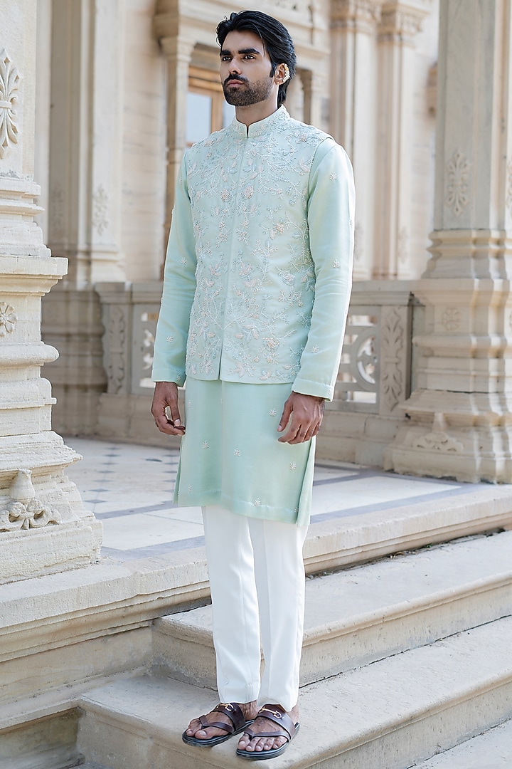 Pista Green Dupion Silk Hand Embroidered Waistcoat Set by Shreyansh Designs at Pernia's Pop Up Shop