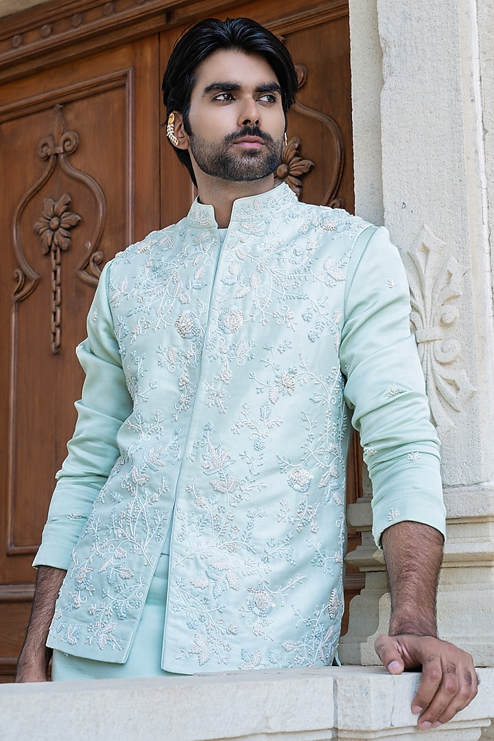 Pista Green Dupion Silk Hand Embroidered Waistcoat Set by Shreyansh Designs at Pernia's Pop Up Shop