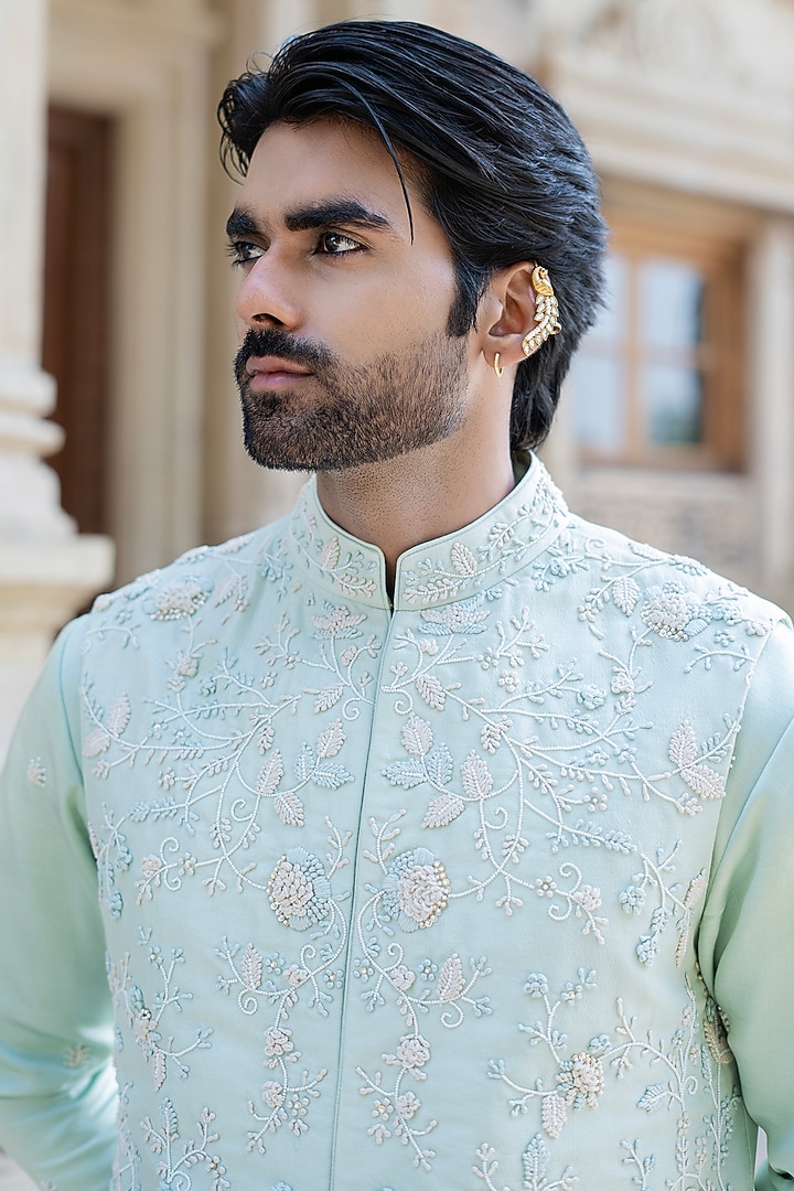 Pista Green Dupion Silk Hand Embroidered Waistcoat Set by Shreyansh Designs at Pernia's Pop Up Shop