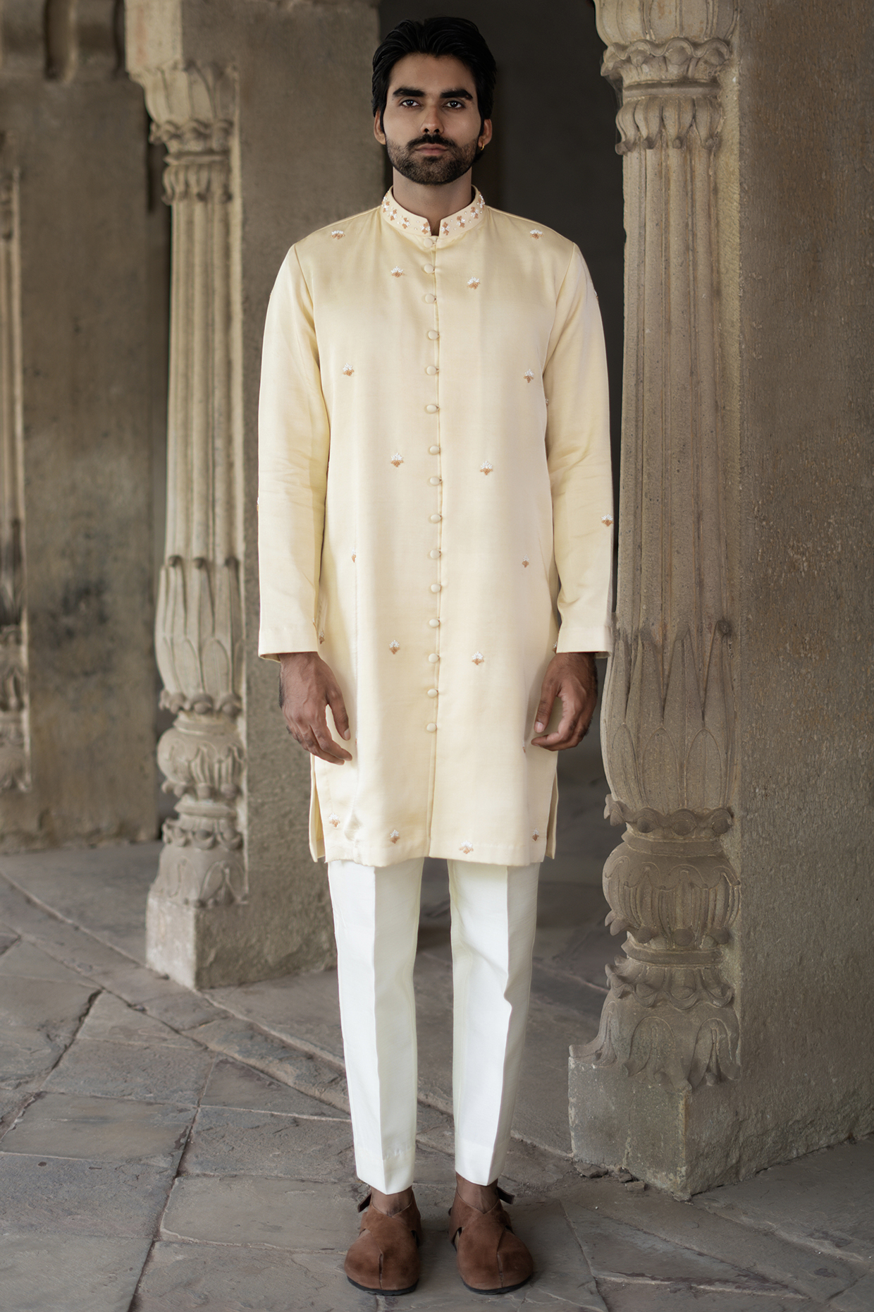 Pastel Gold Swiss Silk Hand Embroidered Kurta Set by Shreyansh Designs