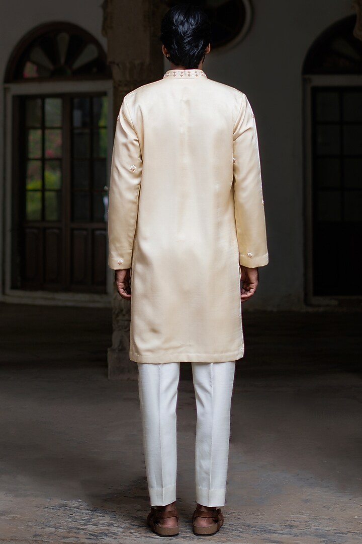 Pastel Gold Swiss Silk Hand Embroidered Kurta Set by Shreyansh Designs at Pernia's Pop Up Shop