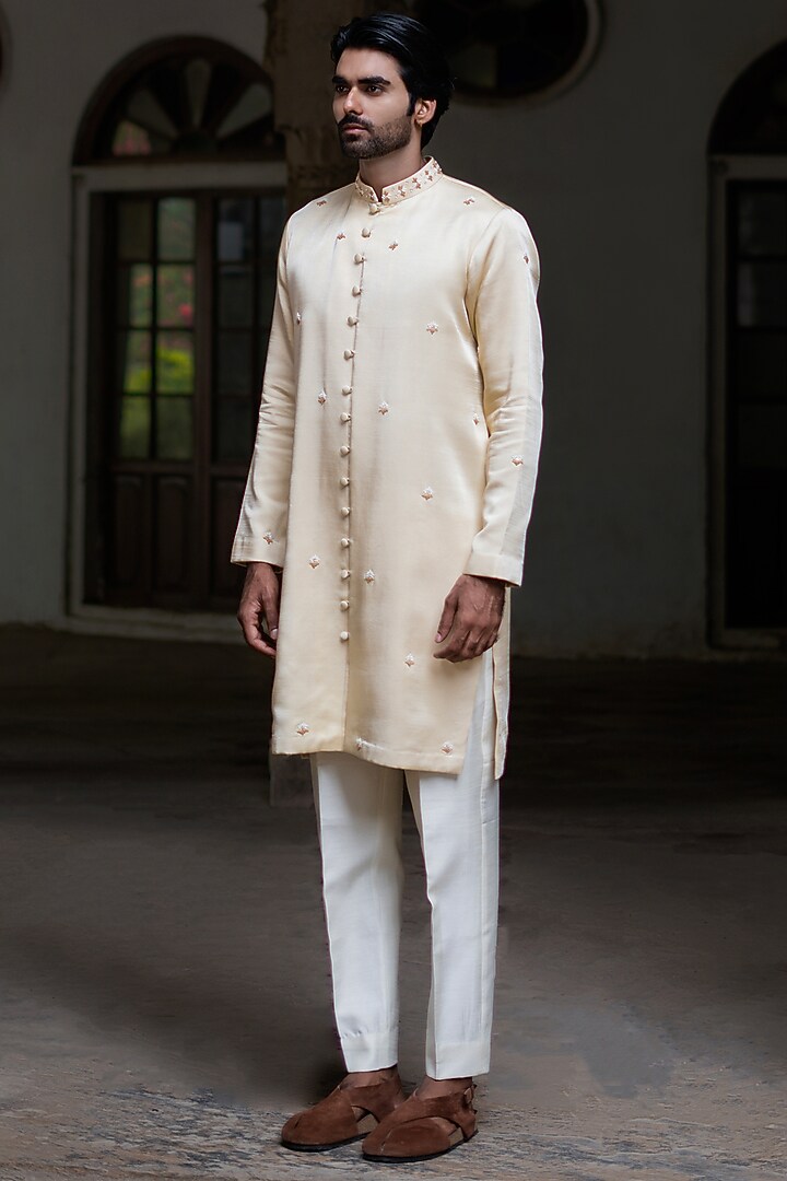 Pastel Gold Swiss Silk Hand Embroidered Kurta Set by Shreyansh Designs at Pernia's Pop Up Shop