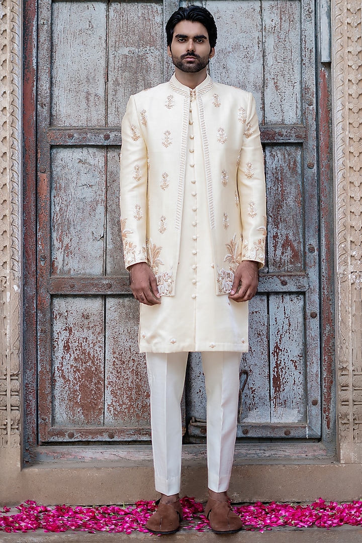 Pastel Gold Dupion Silk Hand Embroidered Indowestern Set by Shreyansh Designs