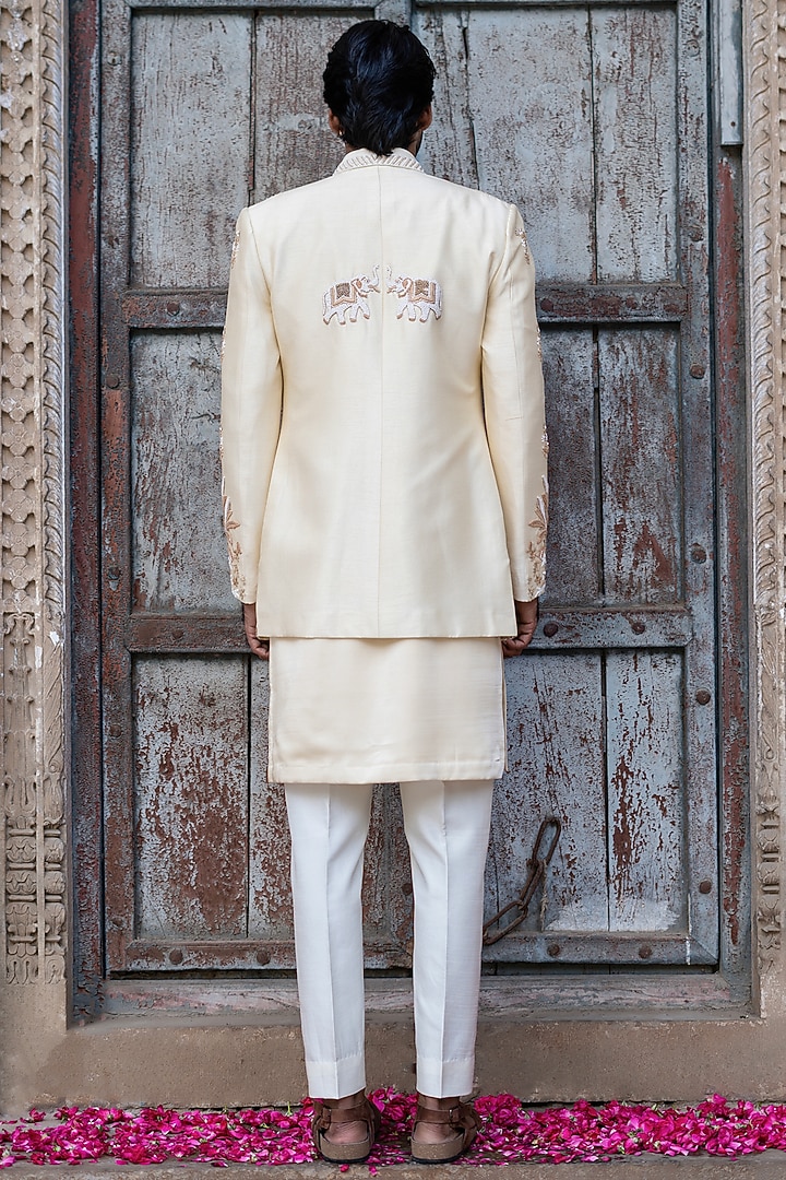 Pastel Gold Dupion Silk Hand Embroidered Wedding Indowestern Set by Shreyansh Designs at Pernia's Pop Up Shop
