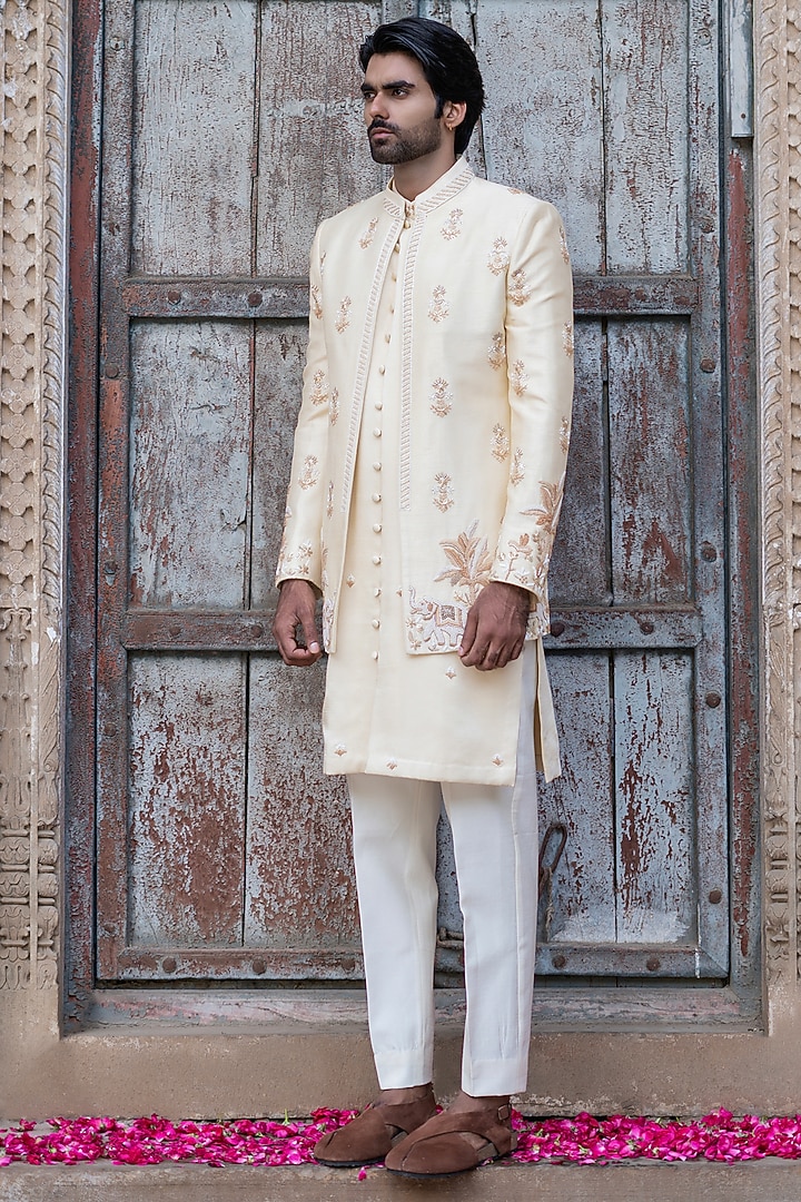 Pastel Gold Dupion Silk Hand Embroidered Wedding Indowestern Set by Shreyansh Designs at Pernia's Pop Up Shop
