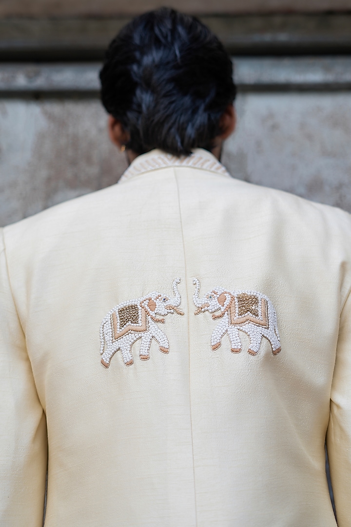 Pastel Gold Dupion Silk Hand Embroidered Wedding Indowestern Set by Shreyansh Designs at Pernia's Pop Up Shop