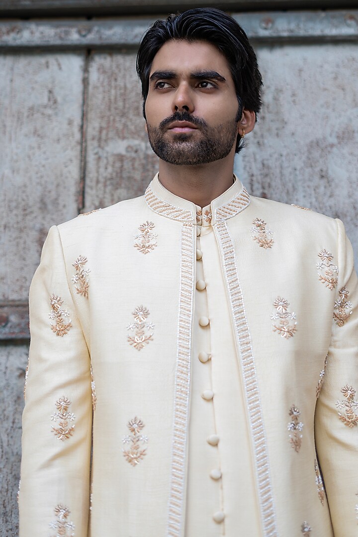 Pastel Gold Dupion Silk Hand Embroidered Wedding Indowestern Set by Shreyansh Designs at Pernia's Pop Up Shop