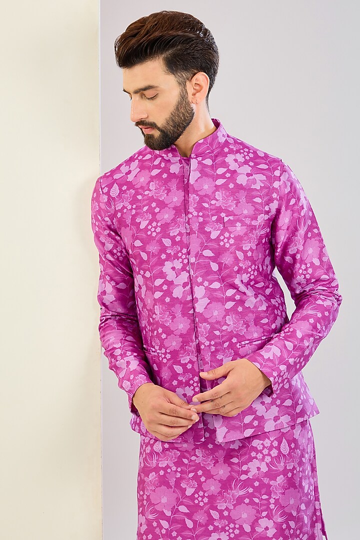 Pink Chanderi Silk Floral Printed Bundi Jacket Set by Shreyansh Designs at Pernia's Pop Up Shop
