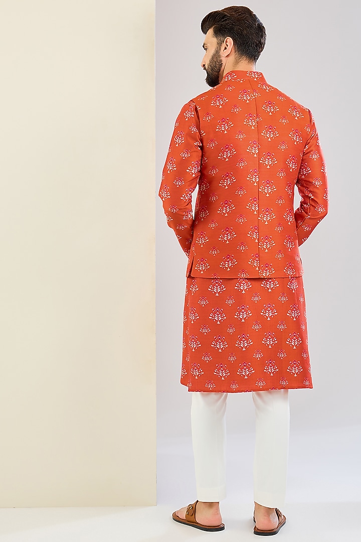 Red Chanderi Silk Floral Printed Bundi Jacket Set by Shreyansh Designs at Pernia's Pop Up Shop