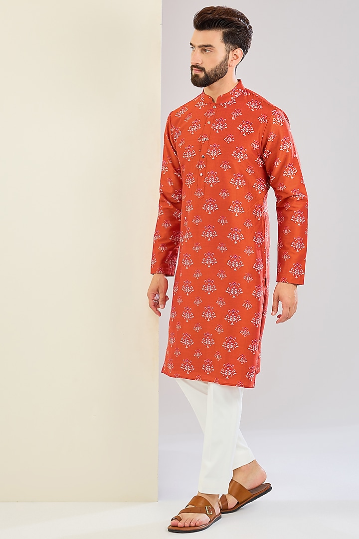 Red Chanderi Silk Floral Printed Bundi Jacket Set by Shreyansh Designs at Pernia's Pop Up Shop