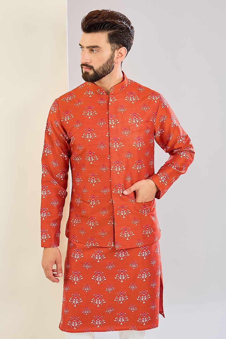 Red Chanderi Silk Floral Printed Bundi Jacket Set by Shreyansh Designs at Pernia's Pop Up Shop