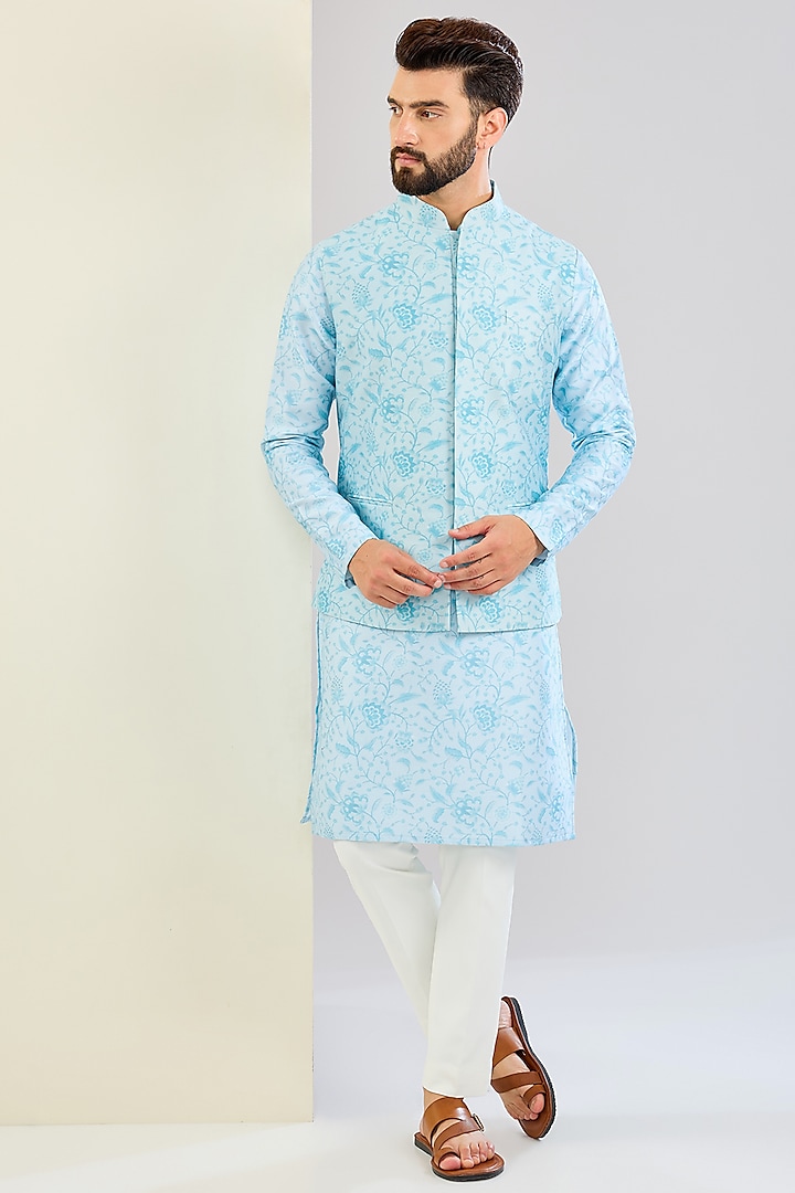 Powder Blue Chanderi Silk Floral Printed Bundi Jacket Set by Shreyansh Designs