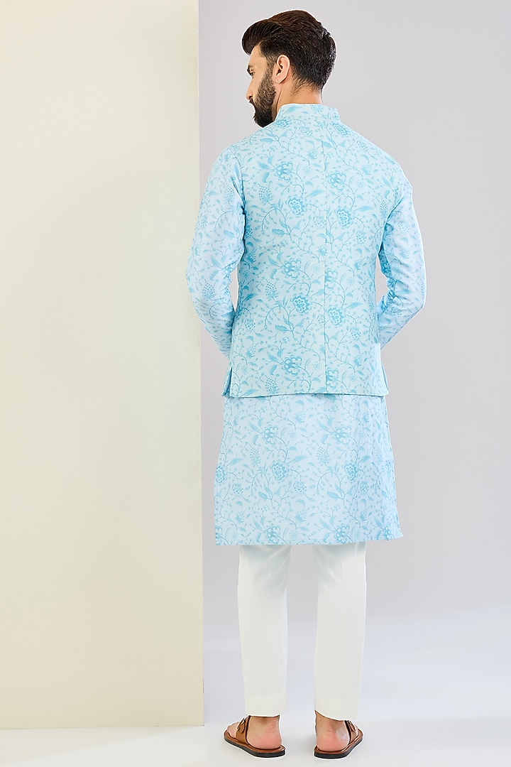 Powder Blue Chanderi Silk Floral Printed Bundi Jacket Set by Shreyansh Designs at Pernia's Pop Up Shop