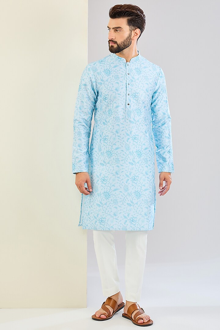 Powder Blue Chanderi Silk Floral Printed Bundi Jacket Set by Shreyansh Designs at Pernia's Pop Up Shop