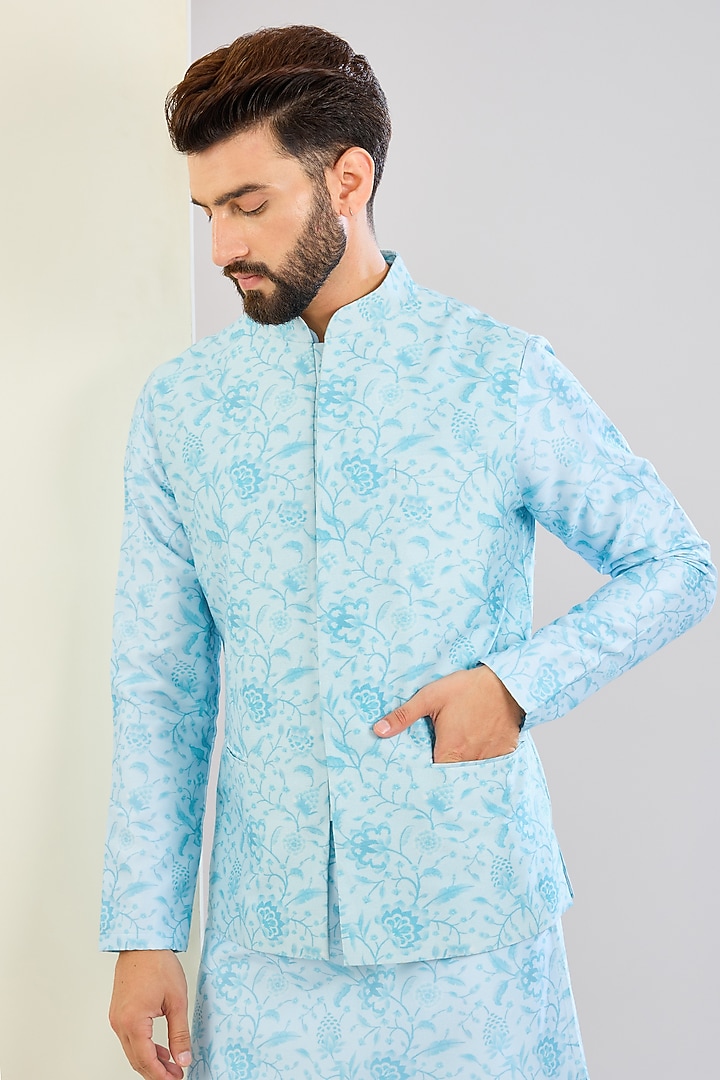 Powder Blue Chanderi Silk Floral Printed Bundi Jacket Set by Shreyansh Designs at Pernia's Pop Up Shop