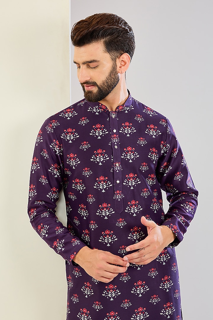 Purple Chanderi Silk Floral Printed Bundi Jacket Set by Shreyansh Designs at Pernia's Pop Up Shop