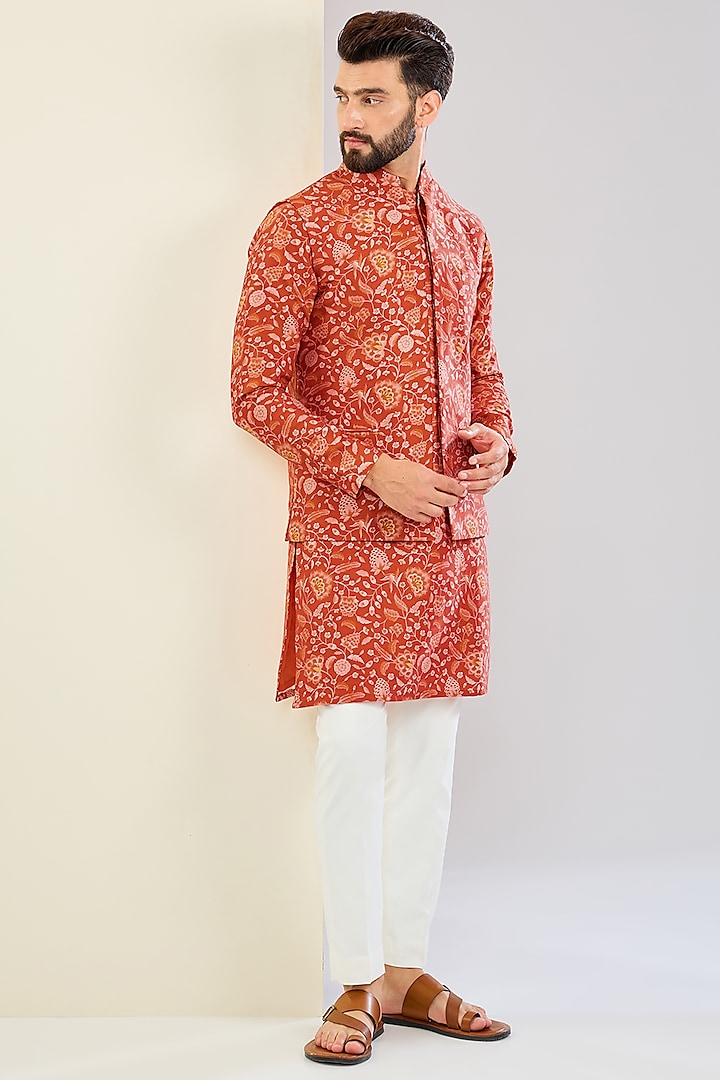 Orange Chanderi Silk Floral Printed Bundi Jacket Set by Shreyansh Designs