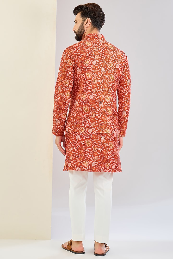Orange Chanderi Silk Floral Printed Bundi Jacket Set by Shreyansh Designs at Pernia's Pop Up Shop
