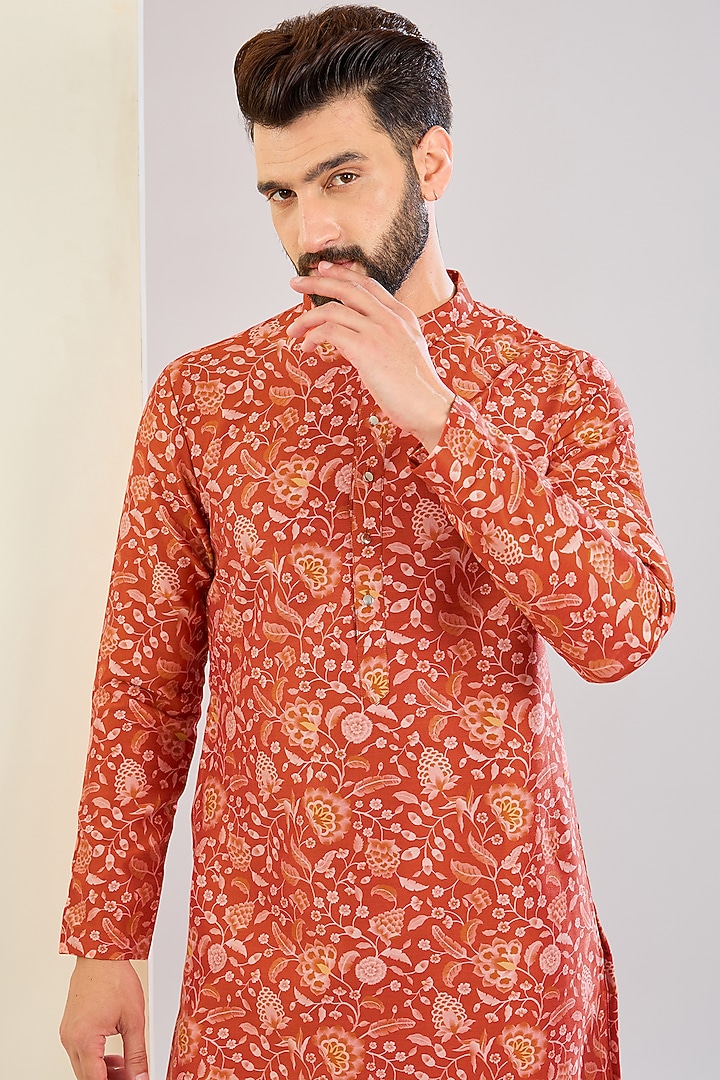 Orange Chanderi Silk Floral Printed Bundi Jacket Set by Shreyansh Designs at Pernia's Pop Up Shop