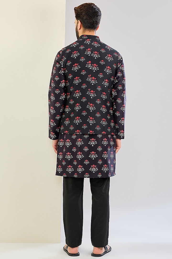 Black Chanderi Silk Floral Printed Bundi Jacket Set by Shreyansh Designs at Pernia's Pop Up Shop