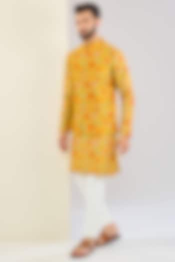 Mustard Chanderi Silk Floral Printed Bundi Jacket Set by Shreyansh Designs