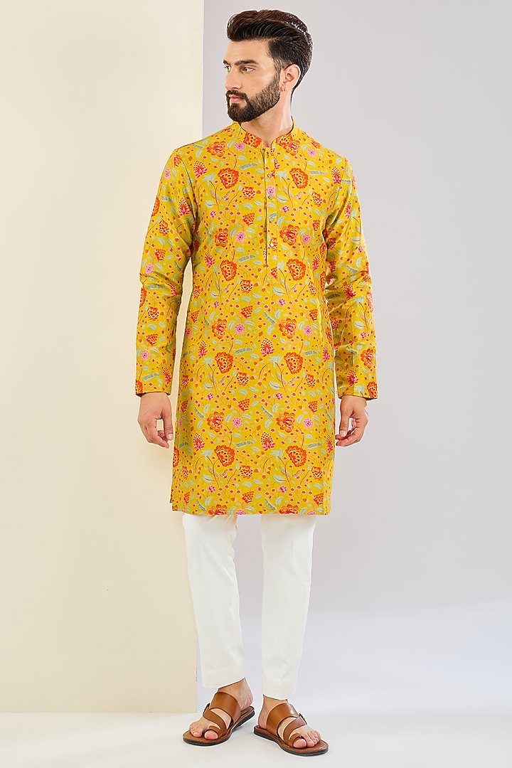 Mustard Chanderi Silk Floral Printed Bundi Jacket Set by Shreyansh Designs at Pernia's Pop Up Shop