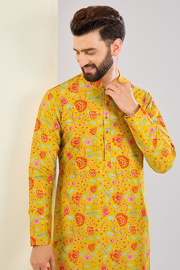 Mustard Chanderi Silk Floral Printed Bundi Jacket Set by Shreyansh Designs at Pernia's Pop Up Shop