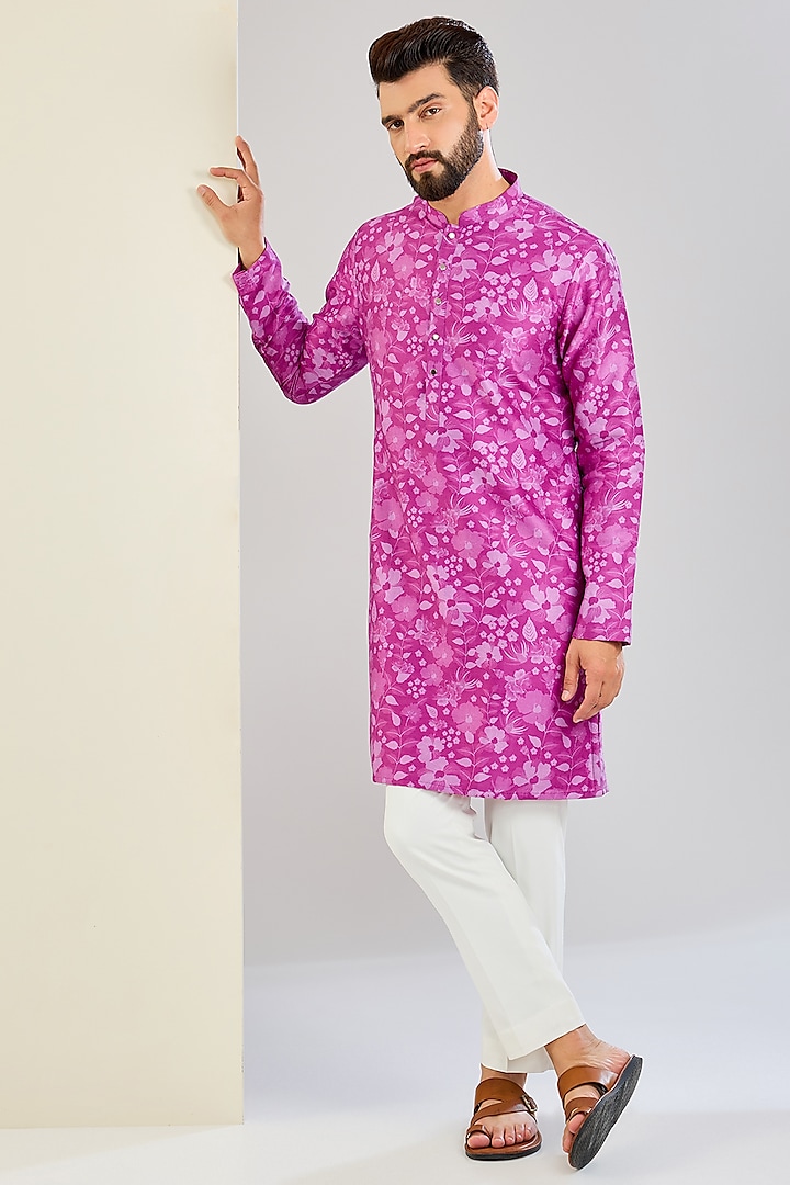 Pink Chanderi Silk Floral Printed Kurta Set by Shreyansh Designs at Pernia's Pop Up Shop