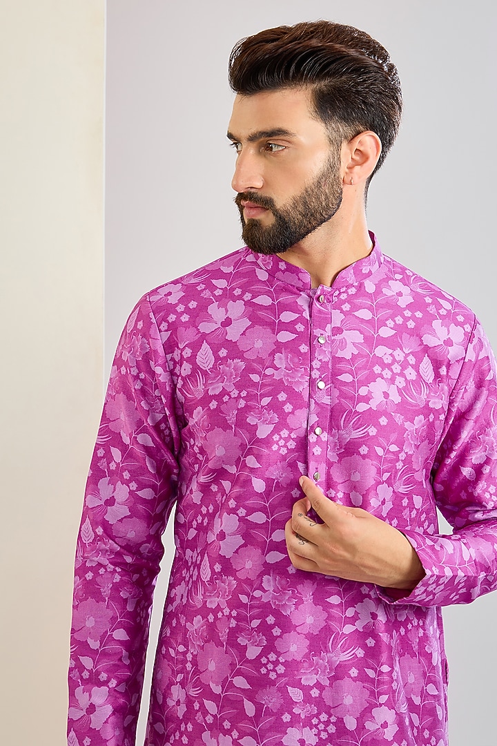 Pink Chanderi Silk Floral Printed Kurta Set by Shreyansh Designs at Pernia's Pop Up Shop