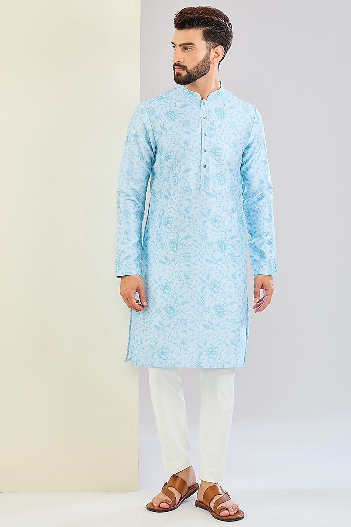 Powder Blue Chanderi Silk Floral Printed Kurta Set by Shreyansh Designs