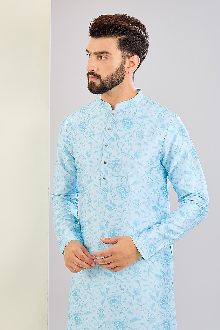 Powder Blue Chanderi Silk Floral Printed Kurta Set by Shreyansh Designs at Pernia's Pop Up Shop