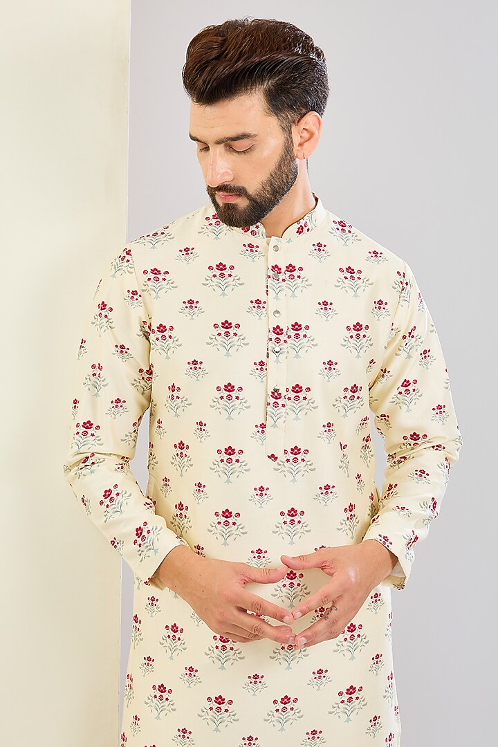 Ivory Chanderi Silk Floral Printed Kurta Set by Shreyansh Designs at Pernia's Pop Up Shop
