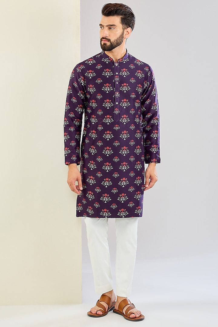 Purple Chanderi Silk Floral Printed Kurta Set by Shreyansh Designs at Pernia's Pop Up Shop