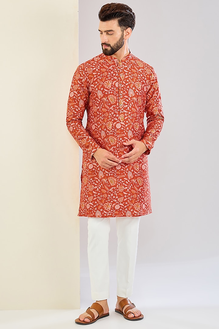 Orange Chanderi Silk Floral Printed Kurta Set by Shreyansh Designs